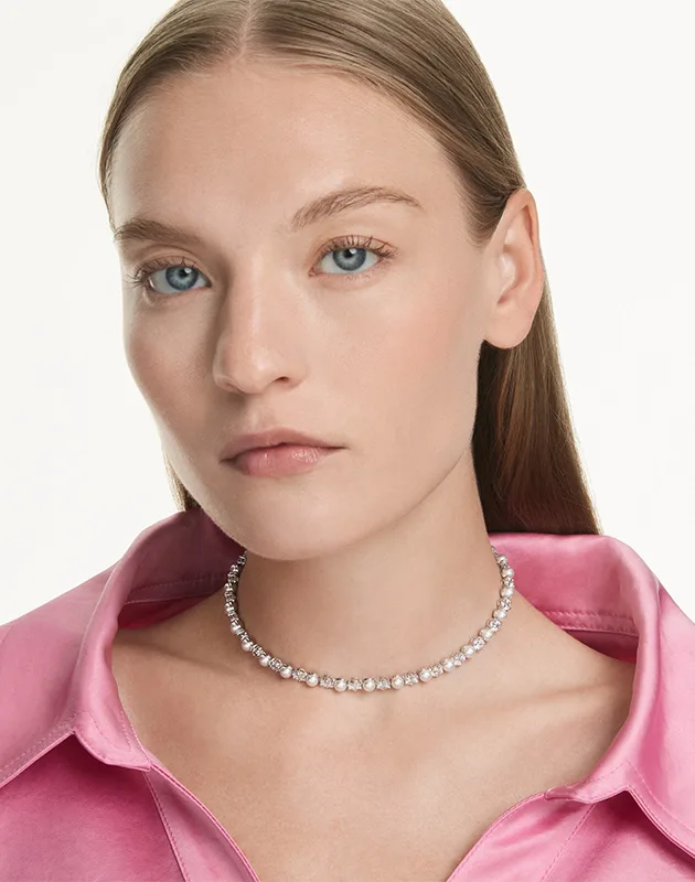 Collana Matrix Tennis, Crystal Pearl, Taglio Round, Bianca, Placcato rodio