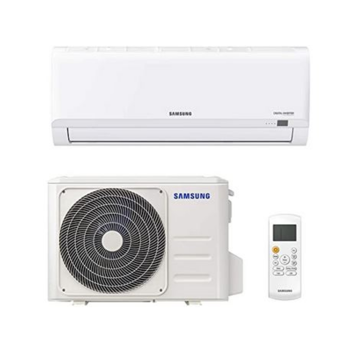White Samsung split air conditioning system: wall-mounted indoor unit, outdoor condenser unit and handheld remote control