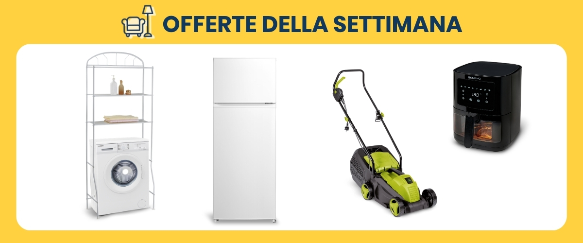 Banner 'Offerte della Settimana' featuring washing machine with shelf, white fridge, green lawnmower and black air fryer on yellow background