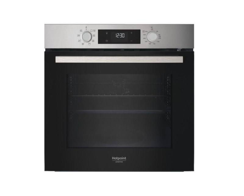 Built-in Hotpoint stainless steel and black electric oven with digital display, rotary controls and glass door