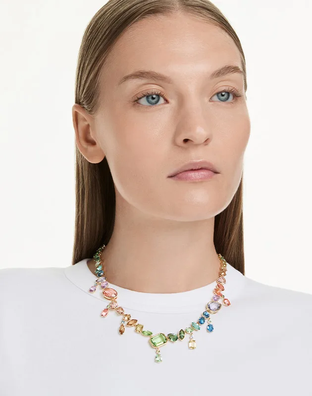Collana Gema, Taglio misto, Cristalli pendenti, Multicolore, Placcato color oro