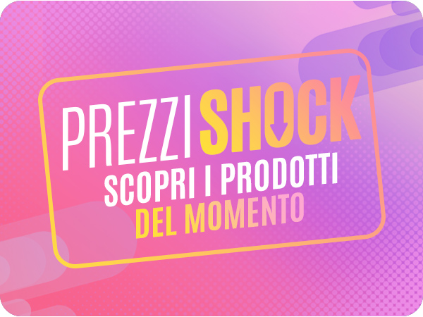 Colourful sale banner 'PREZZI SHOCK' — 'SCOPRI I PRODOTTI DEL MOMENTO' promoting trending products
