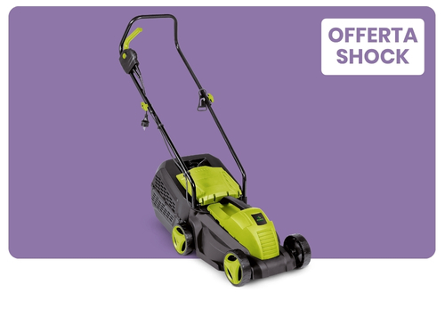 Green electric lawn mower with grass collection box on purple background, 'Offerta Shock' sale label