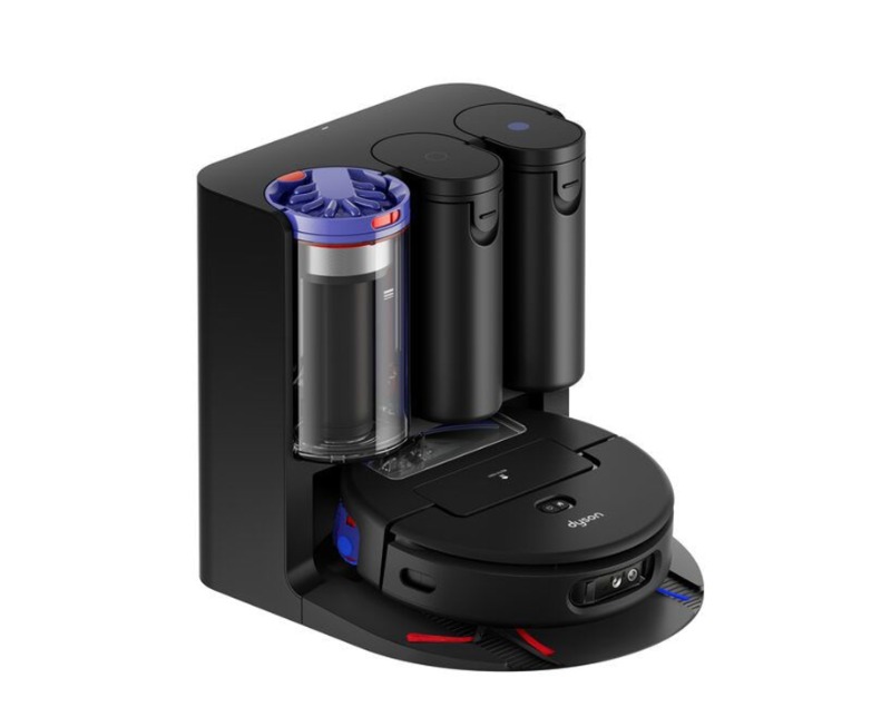 Dyson black robot vacuum with charging and self-emptying dock, transparent dust canister and twin cylindrical waste modules
