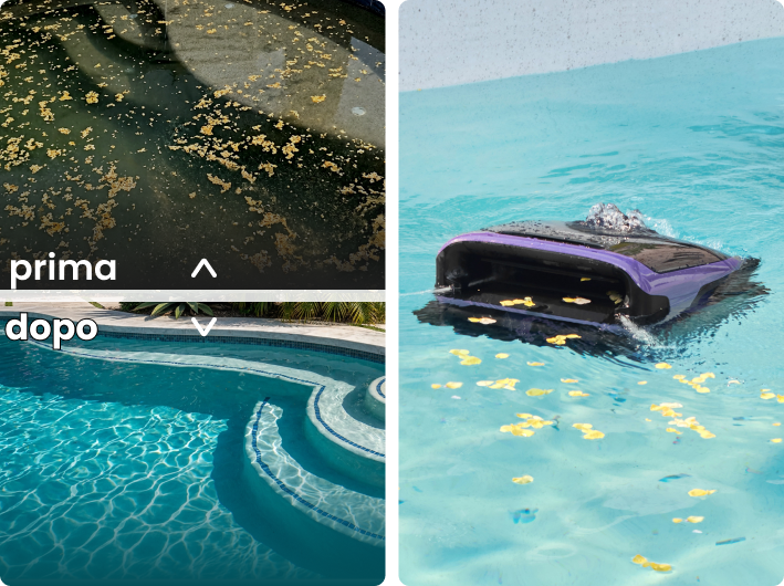 Il polline inizia dall'alto. Il Sora 70 non aspetta che il disordine rovini il fondo della tua piscina. Raccoglie continuamente il polline galleggiante, la polvere e i detriti direttamente dalla superficie, agendo come un potente skimmer automatico.