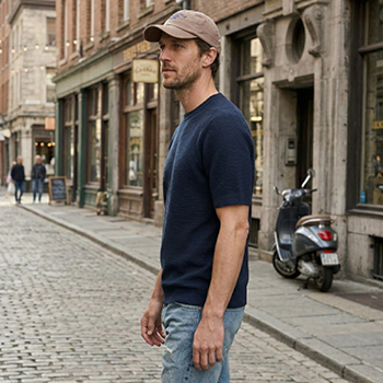 Man in navy sweater and cap standing on cobbled street beside parked scooter and historic shopfronts