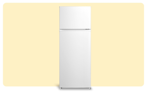 White top-freezer refrigerator, front view, freestanding appliance on pale yellow background