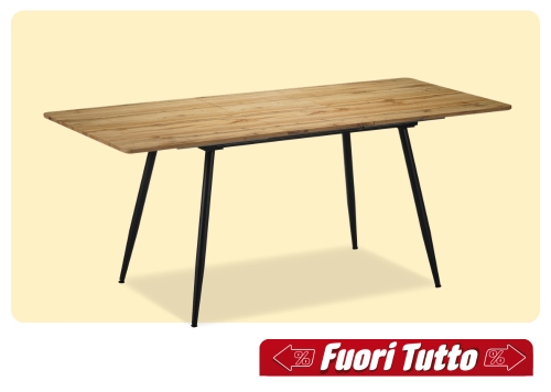 Rectangular wooden dining table with tapered black metal legs on pale background, 'Fuori Tutto' sale badge