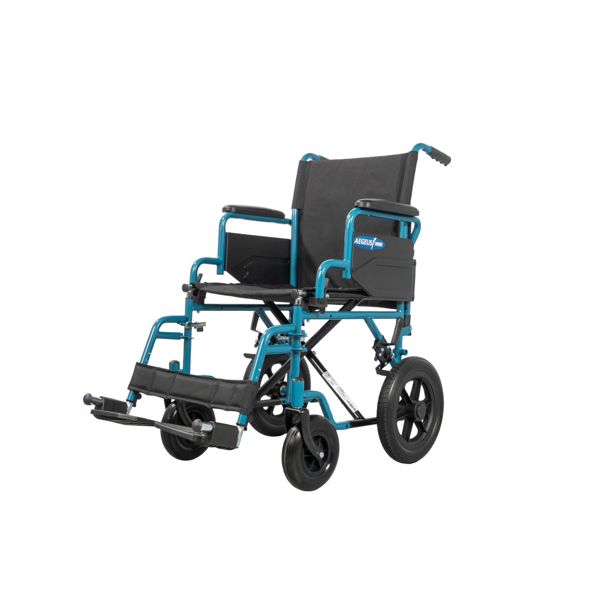 Sedia a rotelle pieghevole da transito nera e blu 