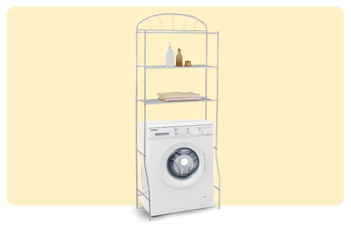 White metal shelving unit over a front-loading washing machine, with three shelves holding folded towels and bottles