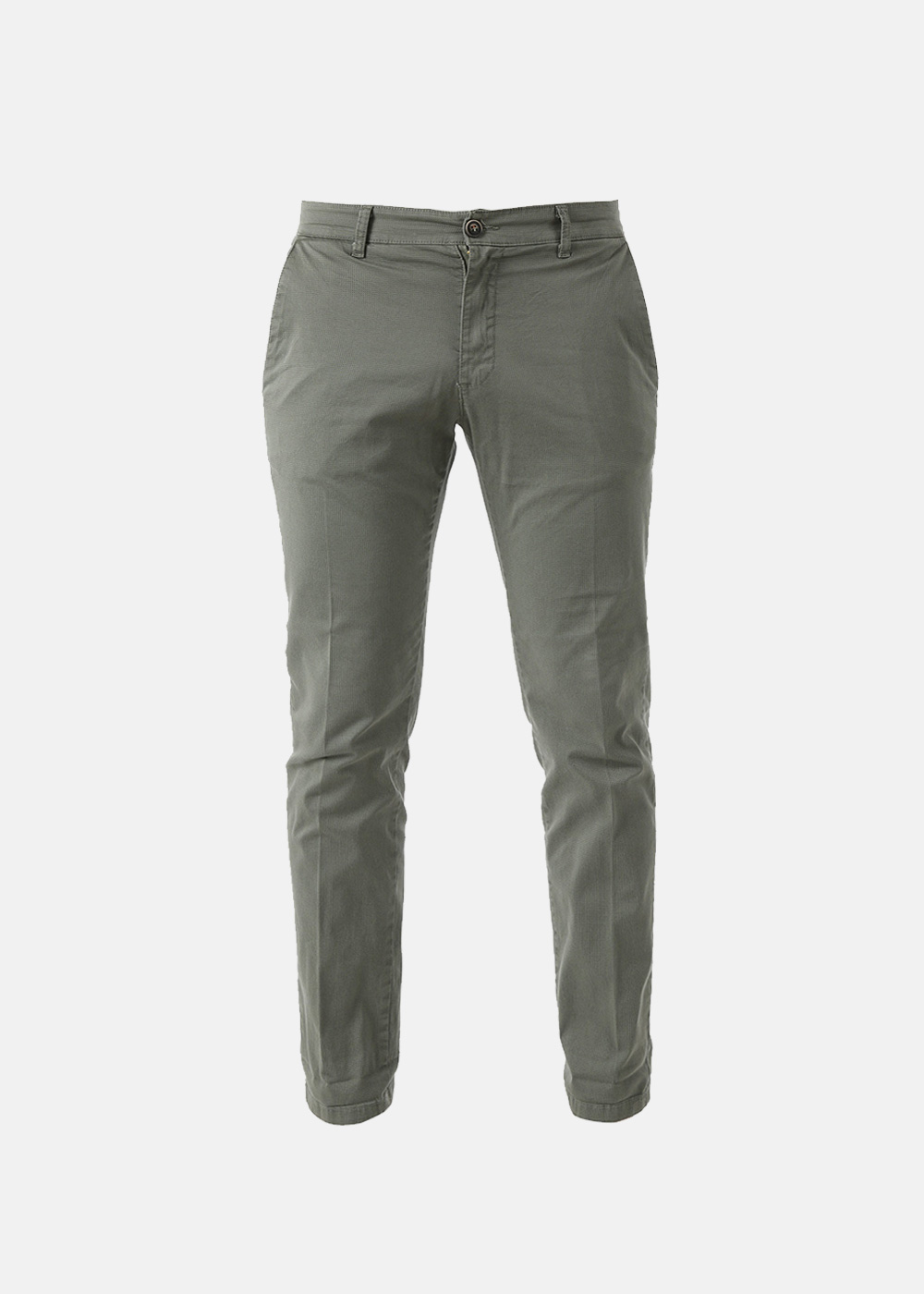 Front view of men's slim-fit olive-green chinos with belt loops and front pockets on white background