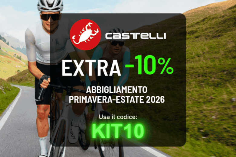 Nine cycling promo banners showing cyclists and brands Castelli, Pissei, Sportful — EXTRA -10% Spring–Summer 2026, code KIT10