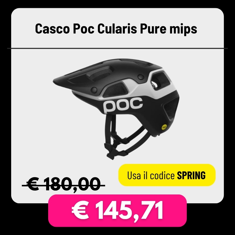 POC Cularis Pure MIPS black and white cycling helmet with visor, crossed-out €180 price and discounted €145.71 with code SPRING