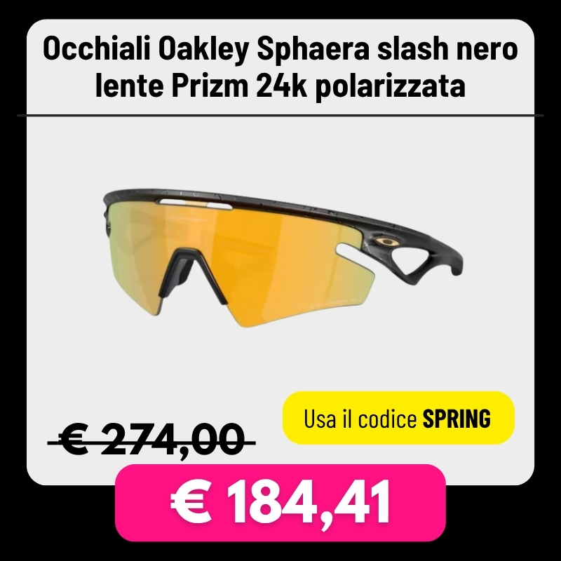 Oakley Sphaera Slash sunglasses black frame with Prizm 24k polarized gold-orange lens, sporty wraparound design