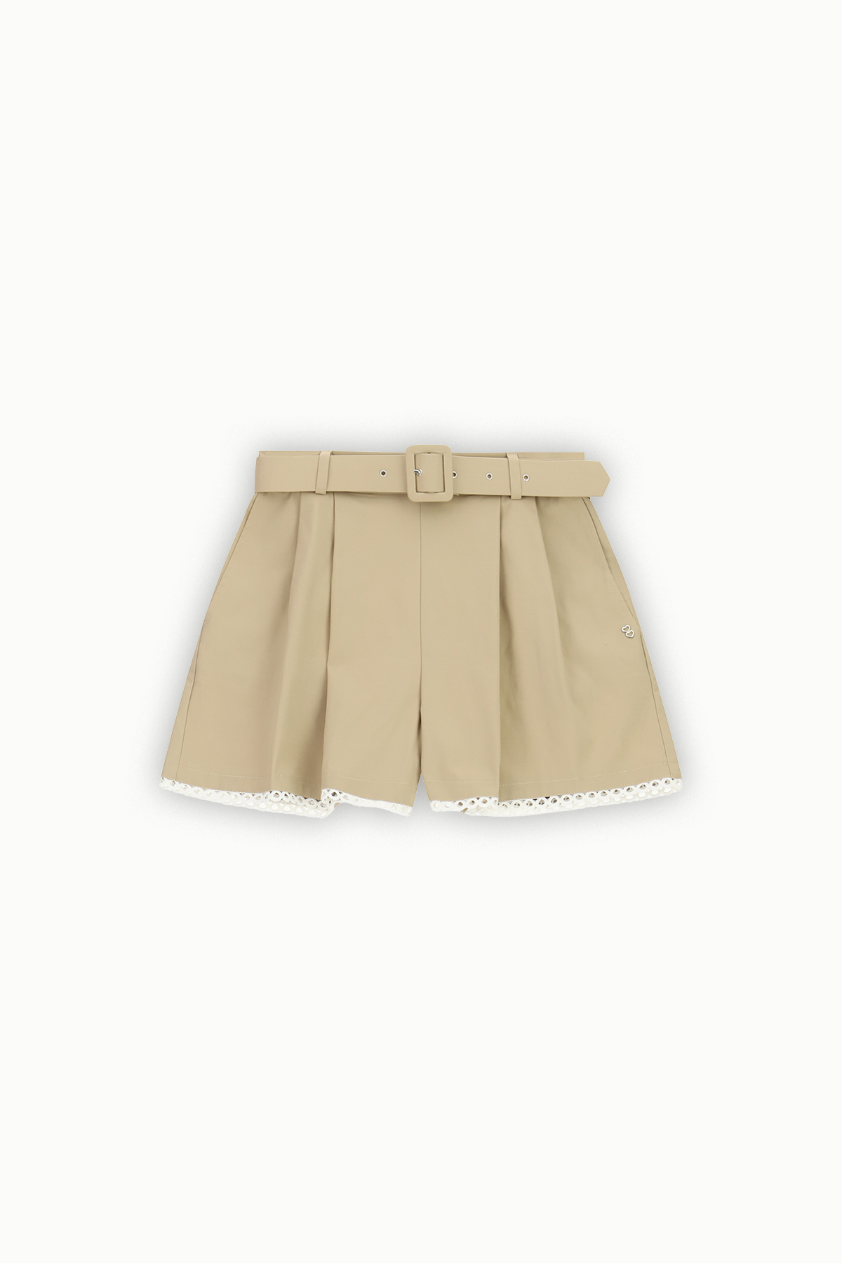 Beige pleated mini skirt with matching belt and delicate white lace hem, flat-lay on white background