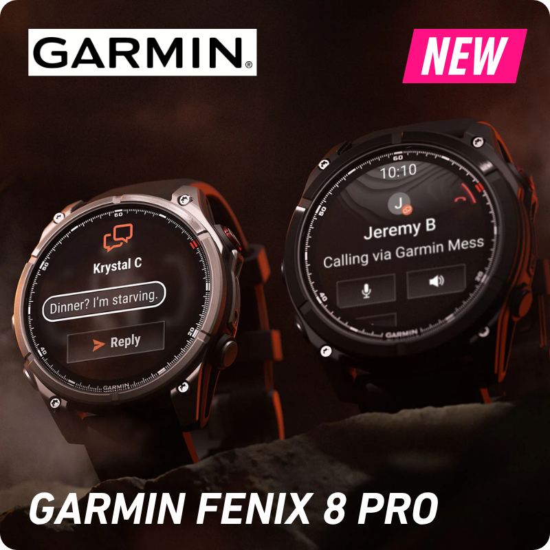 Two Garmin Fenix 8 Pro smartwatches side-by-side showing message and call screens, Garmin logo and NEW badge