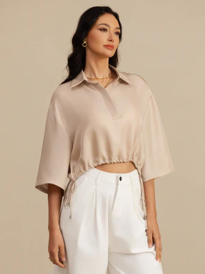 Image of Seta Pura Donna Mezza Manica Blusa Corta Con Cordoncino Al Orlo