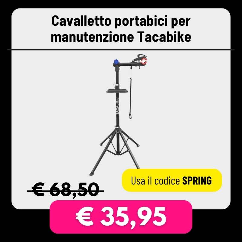 Tacabike portable bike maintenance stand with tripod base and adjustable clamp, promotional price €35.95 and code SPRING
