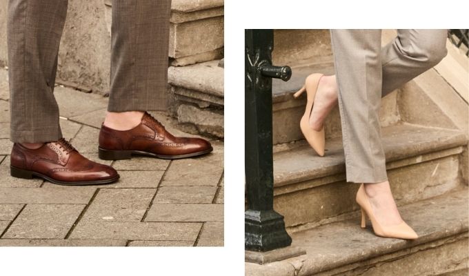 Side-by-side close-ups: brown leather men's dress shoes on pavement and beige women's high-heeled pumps on stone steps