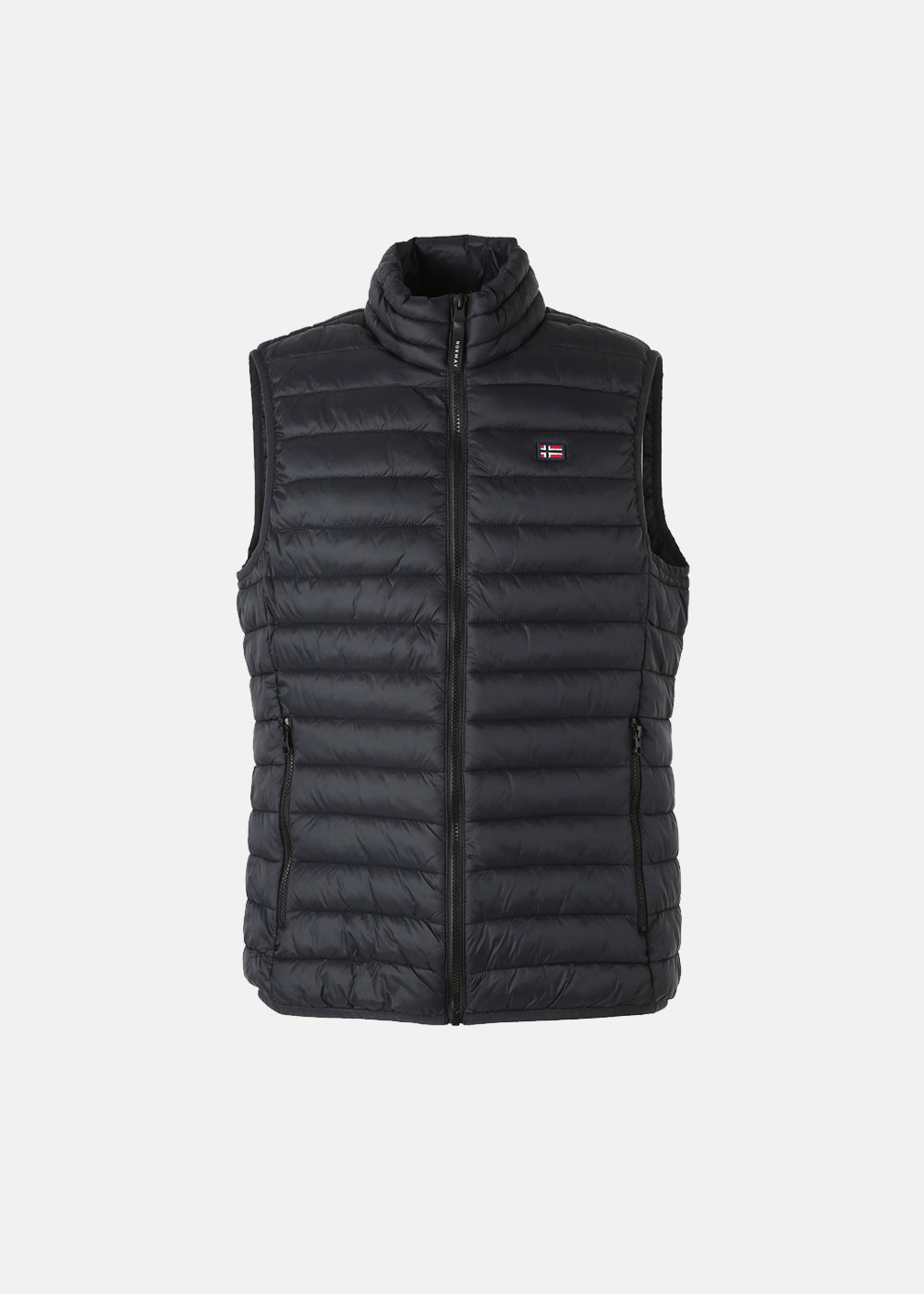 Black quilted sleeveless puffer gilet with front zip, high collar, two zip pockets and small chest flag logo