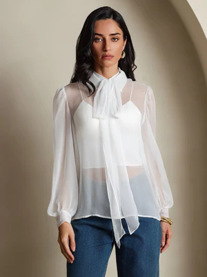 Image of Blusa Trasparente in Pura Seta Chiffon con Maniche a Lanterna e Fiocco