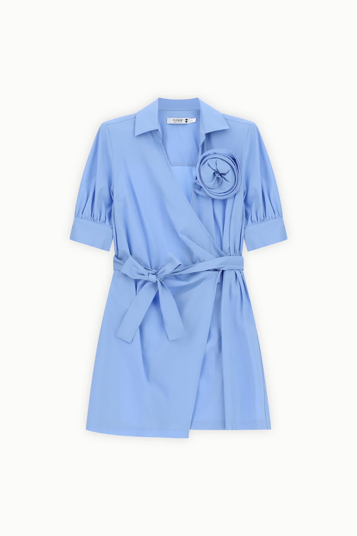 Powder-blue short wrap dress with elbow-length puff sleeves, tied waist belt and decorative rosette on the chest