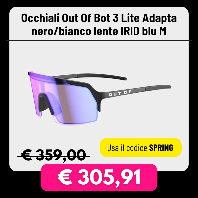 Out Of Bot 3 Lite black/white semi-rimless cycling sunglasses with blue iridescent lens and OUT OF logo on temple