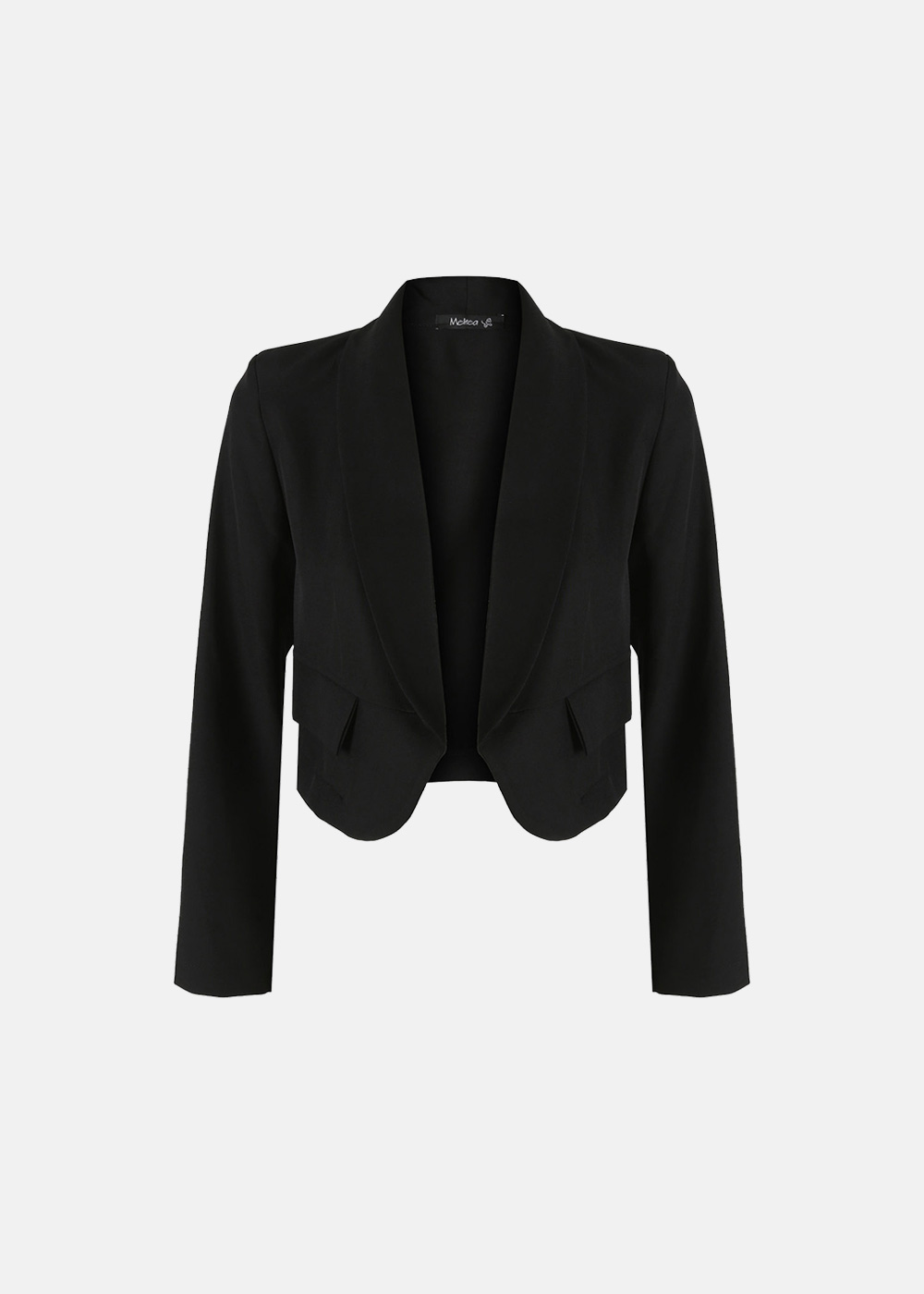 Black cropped women's blazer with shawl collar and long sleeves on white background