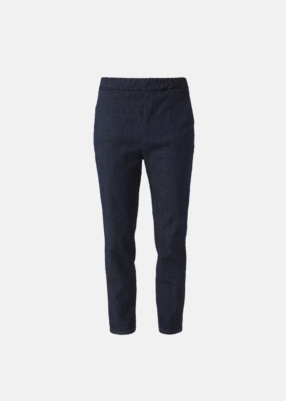 Women's navy tapered ankle-length trousers with elastic waistband, slim-fit stretch fabric, front view on white background