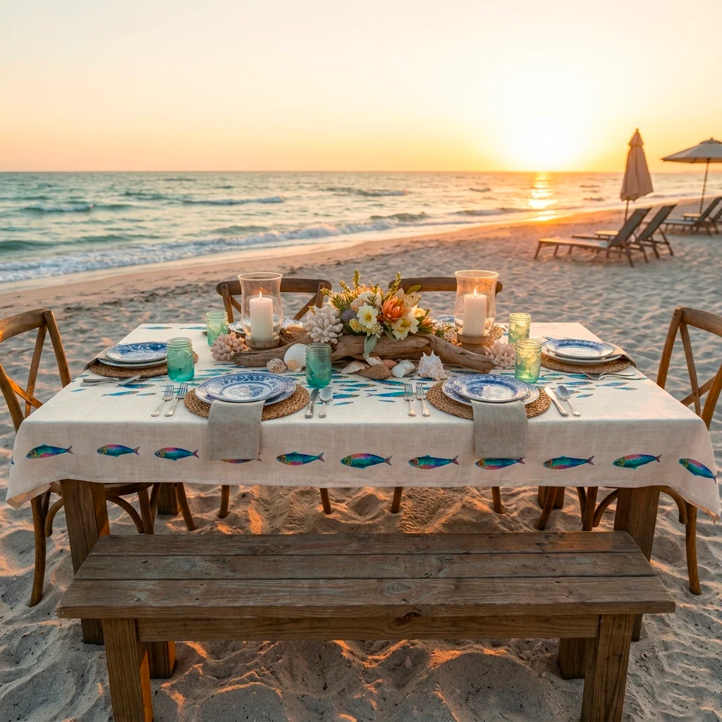 Image of Tovaglia in Raso di Cotone<br> Fantasia Marina - <b>Sardine