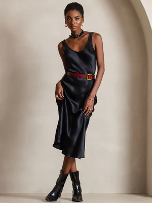 Image of Pura Seta Spalline Larghe e Senza Maniche Lungo Abito