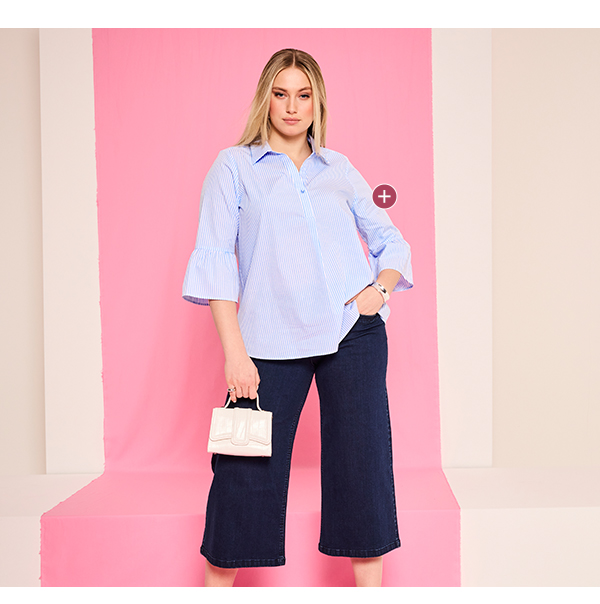 Blusa dal taglio svasato con righe, collo da camicia e maniche a 3/4