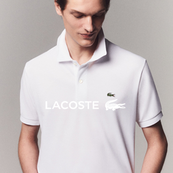 Man wearing white Lacoste polo shirt with green crocodile logo and buttoned collar, classic men's casual top