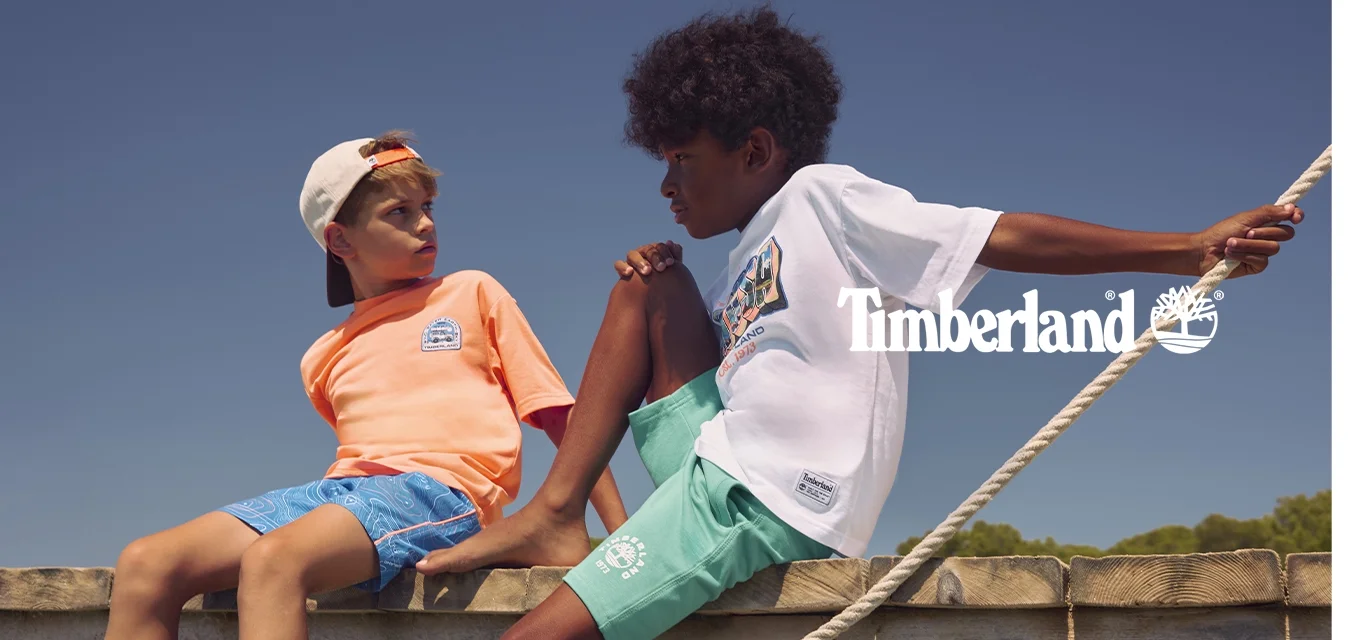 Due ragazzi sono seduti su un molo di legno sopra l'acqua, uno tiene una corda, sotto un cielo azzurro limpido con alberi lontani.