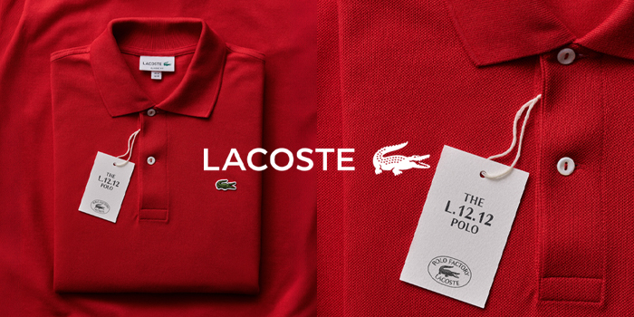 Red Lacoste L.12.12 polo shirt with sewn crocodile logo and swing tag on textured piqué fabric, folded and close-up