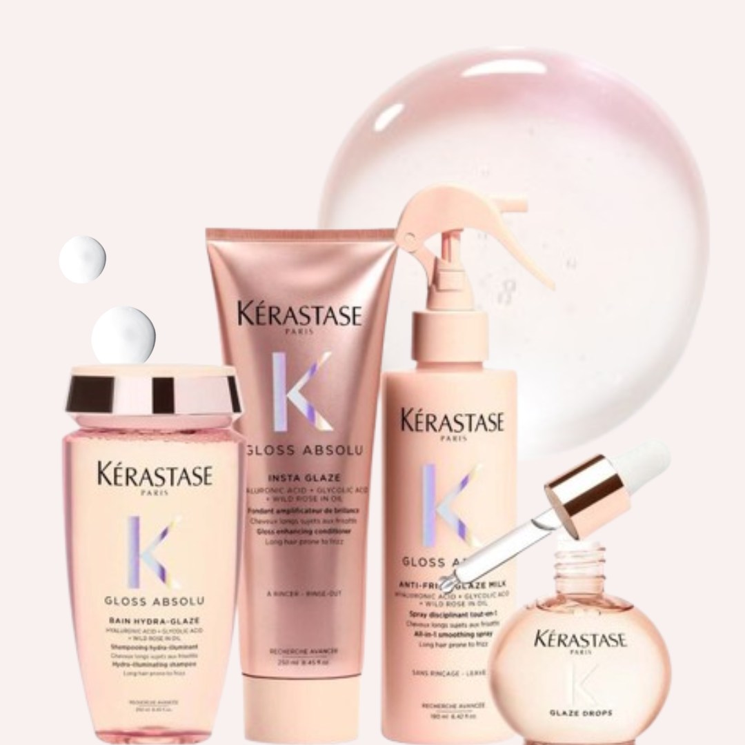 La nostra linea Gloss Absolu, che comprende il bagno idratante Hydra-Glaze, il fondente Insta-Glaze, lo spray anti-crespo Glaze Milk e le gocce Glaze Drop.