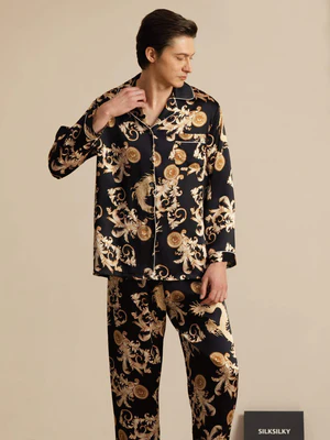 Image of Pure Seta Uomo Stampa Drago Maniche Lunghe Collo Notch Set Pigiama