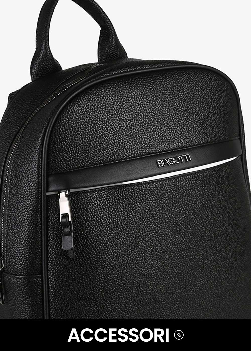 Black pebbled leather backpack with top handle, front zip pocket and silver BIAGIOTTI logo