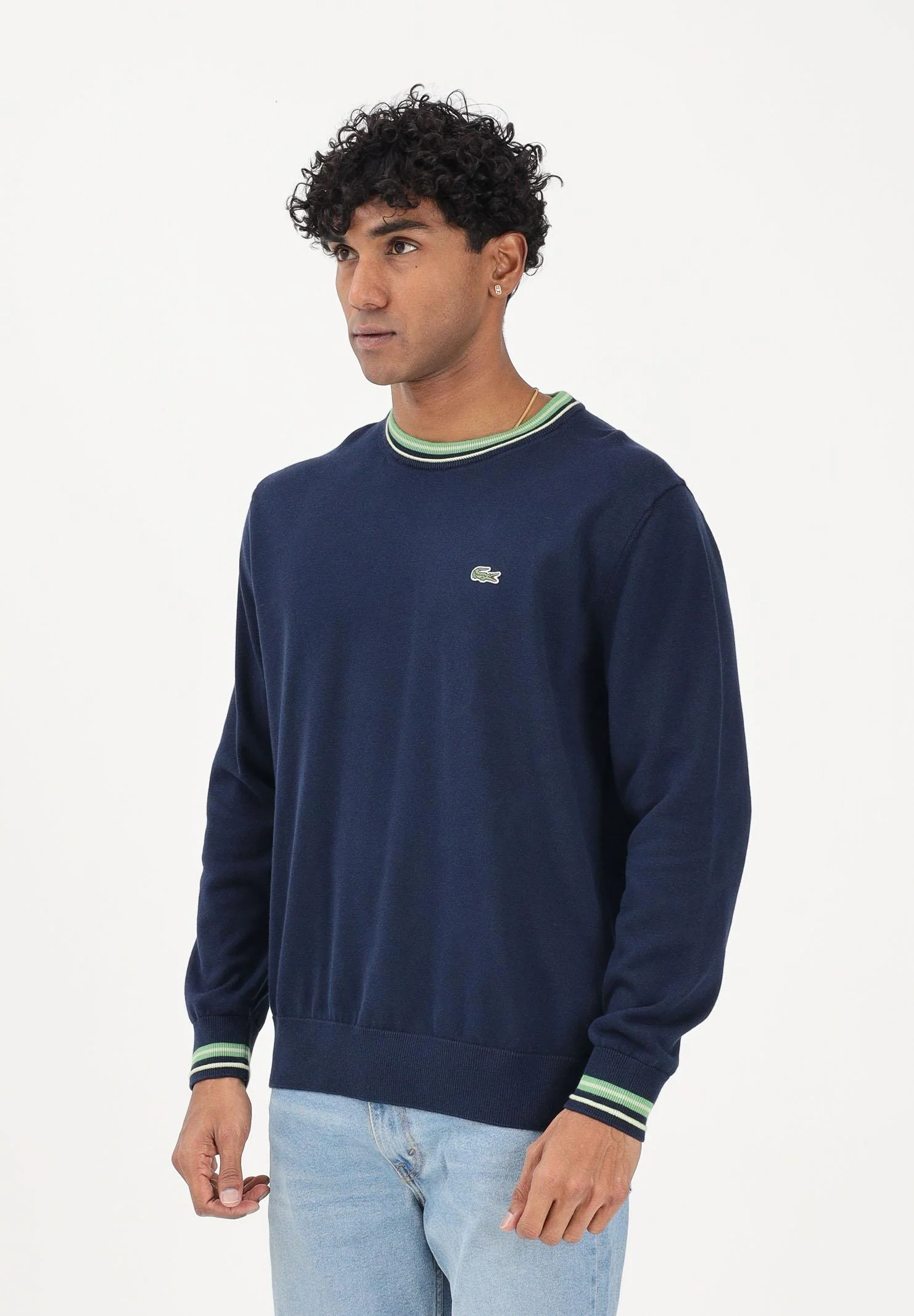 Image of LACOSTE Maglioncino girocollo blu da uomo in jersey di cotone a righe