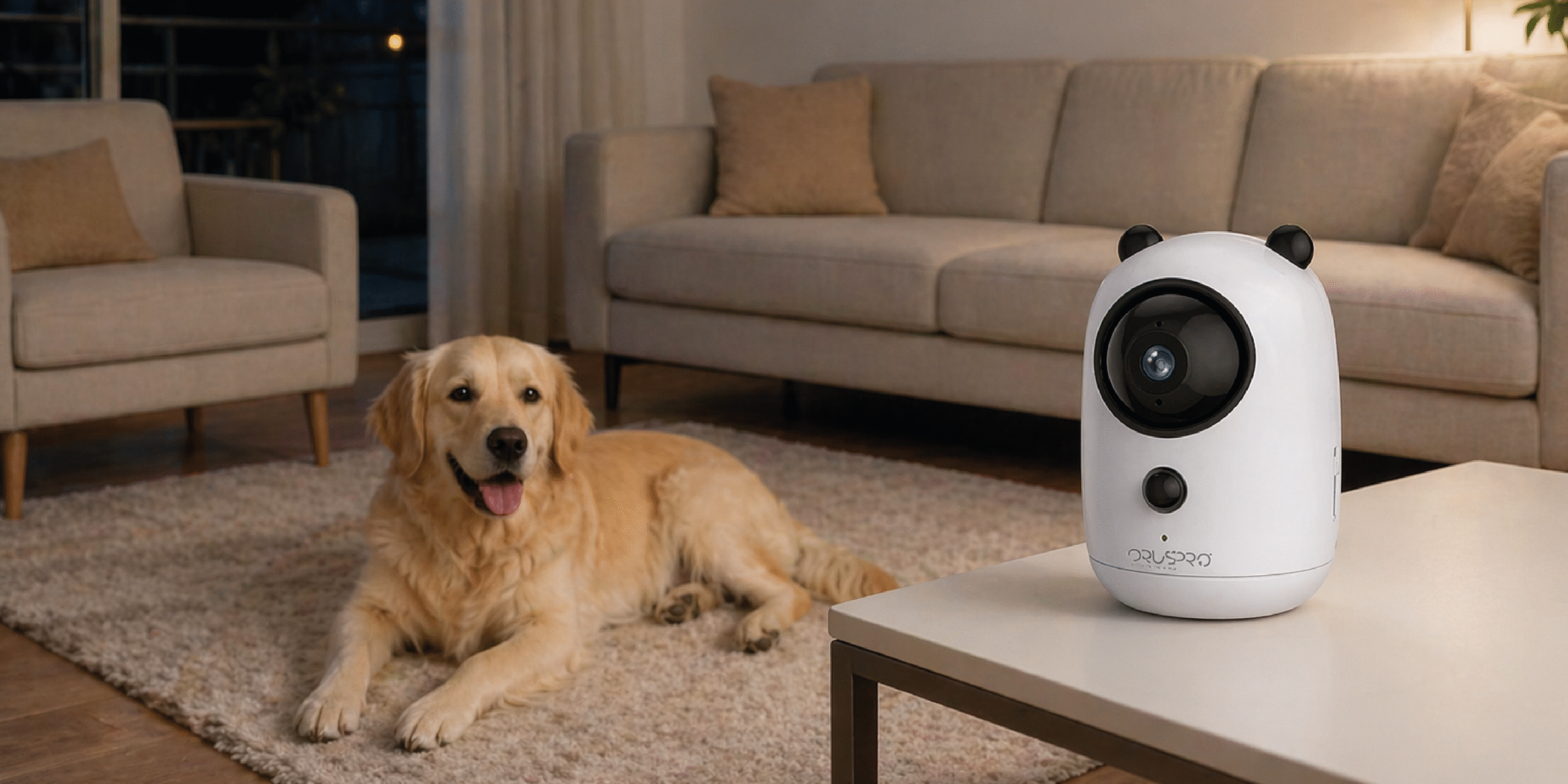 Golden retriever lying on a rug in a living room beside a white pet camera on a coffee table