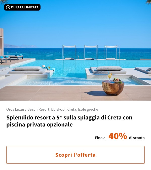Splendido resort a 5* sulla spiaggia di Creta con piscina privata opzionale