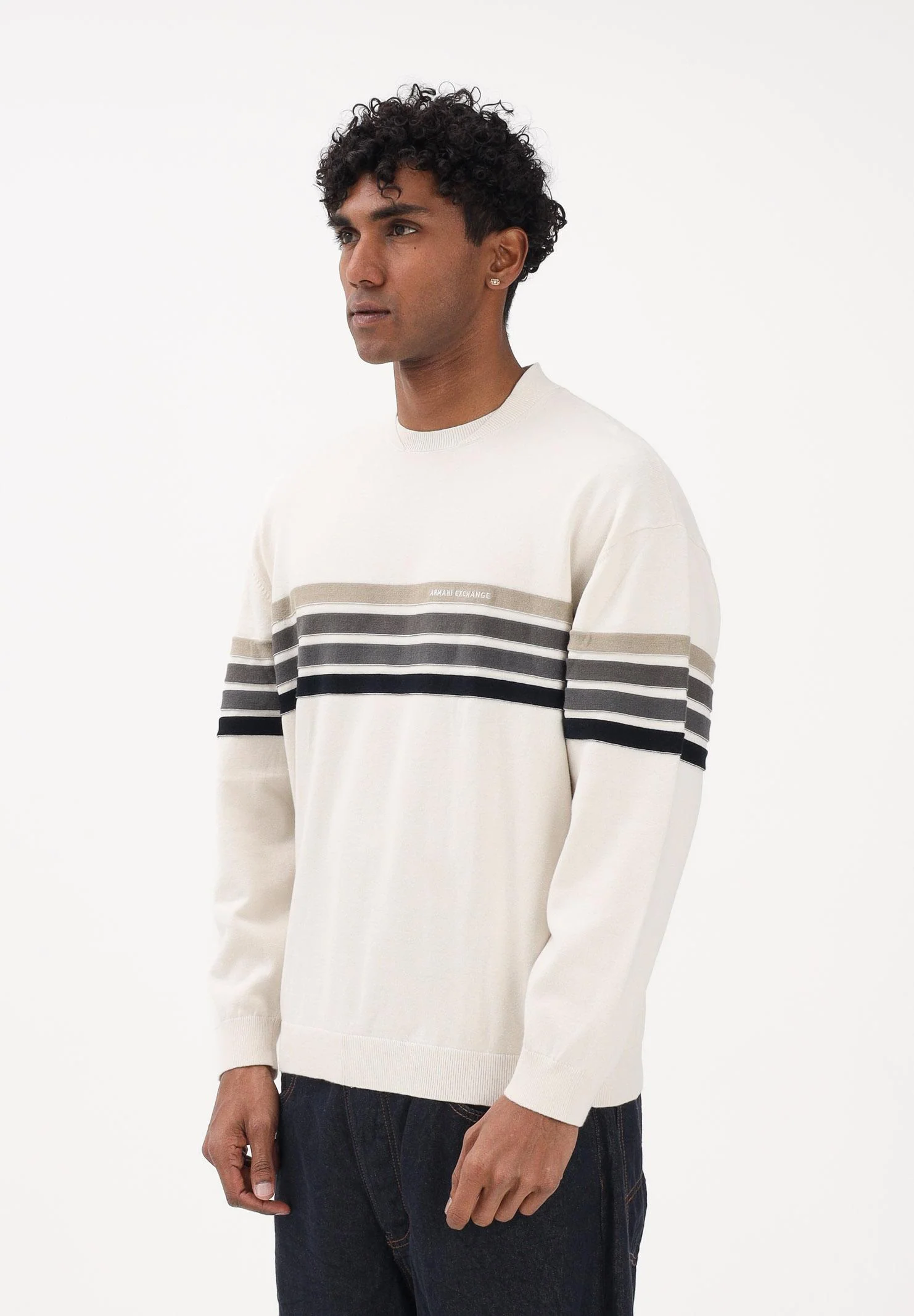 Image of ARMANI EXCHANGE Maglioncino girocollo panna da uomo con bande a contrasto