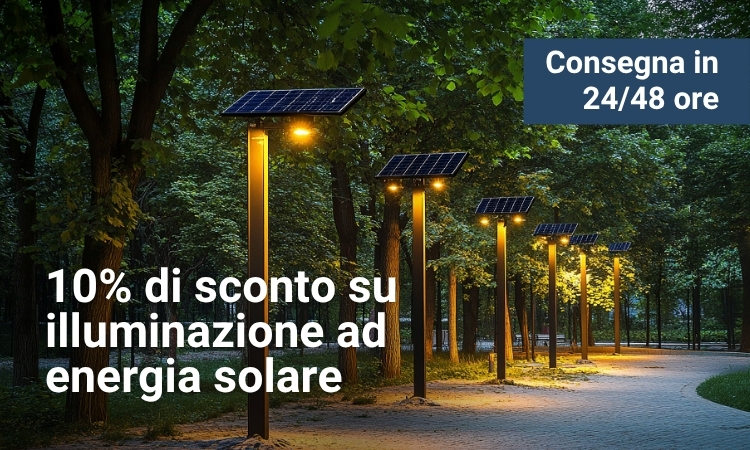 Row of solar-powered park streetlights illuminating a tree-lined pathway at dusk, promotional overlay advertising 10% discount