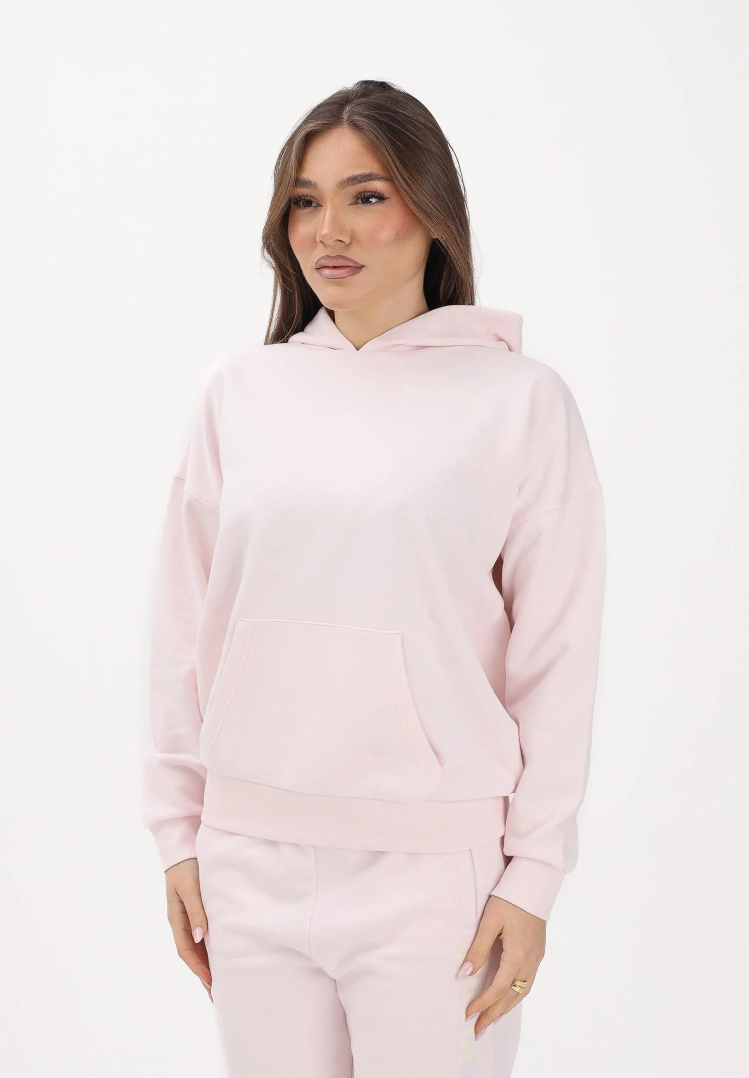 Image of PALM ANGELS Felpa con cappuccio rosa per donna, ragazze e bambine rifinita da logo