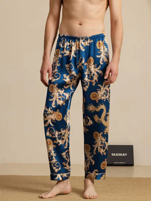 Image of Pantaloni Da Pigiama Da Uomo In Pura Seta Con Stampa Drago E Vita Elastica