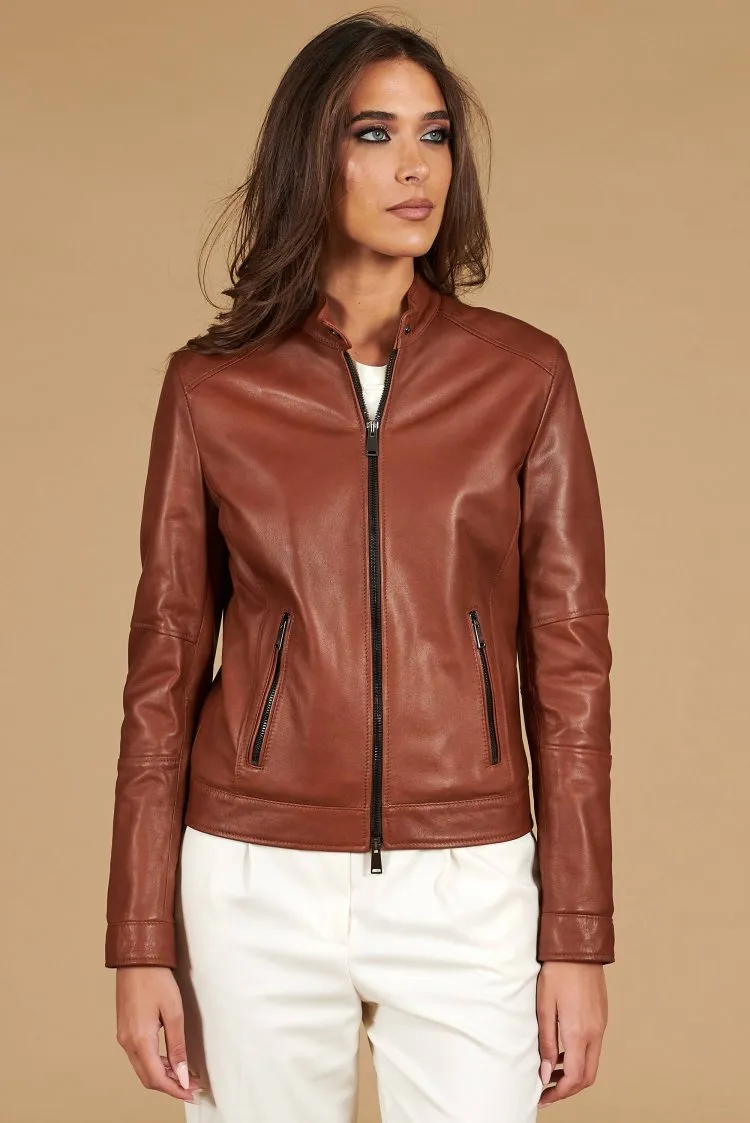 Image of Giacca biker in pelle naturale cuoio effetto liscio due tasche