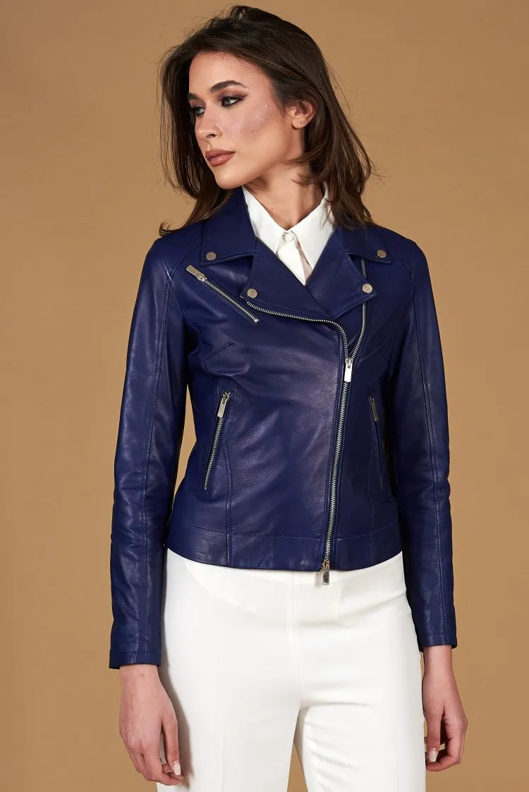 Image of Giacca chiodo in pelle naturale bluette cerniera trasversale