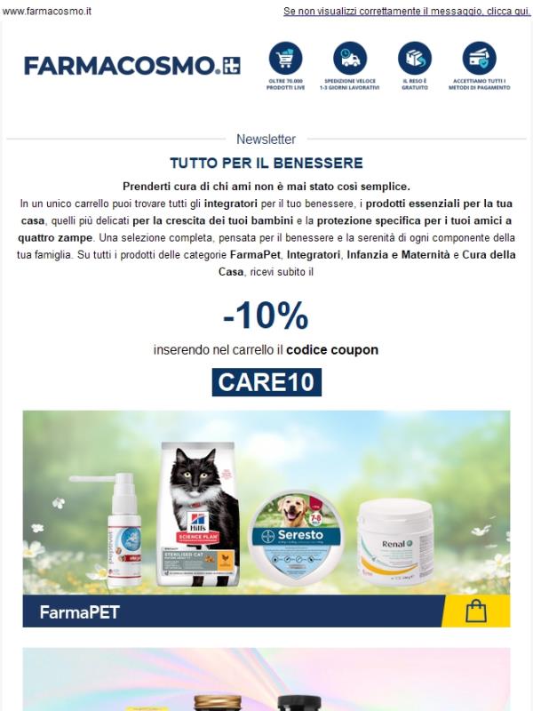 🏠 Affrettati! -10% su FarmaPet, Integratori, Infanzia e cura della Casa