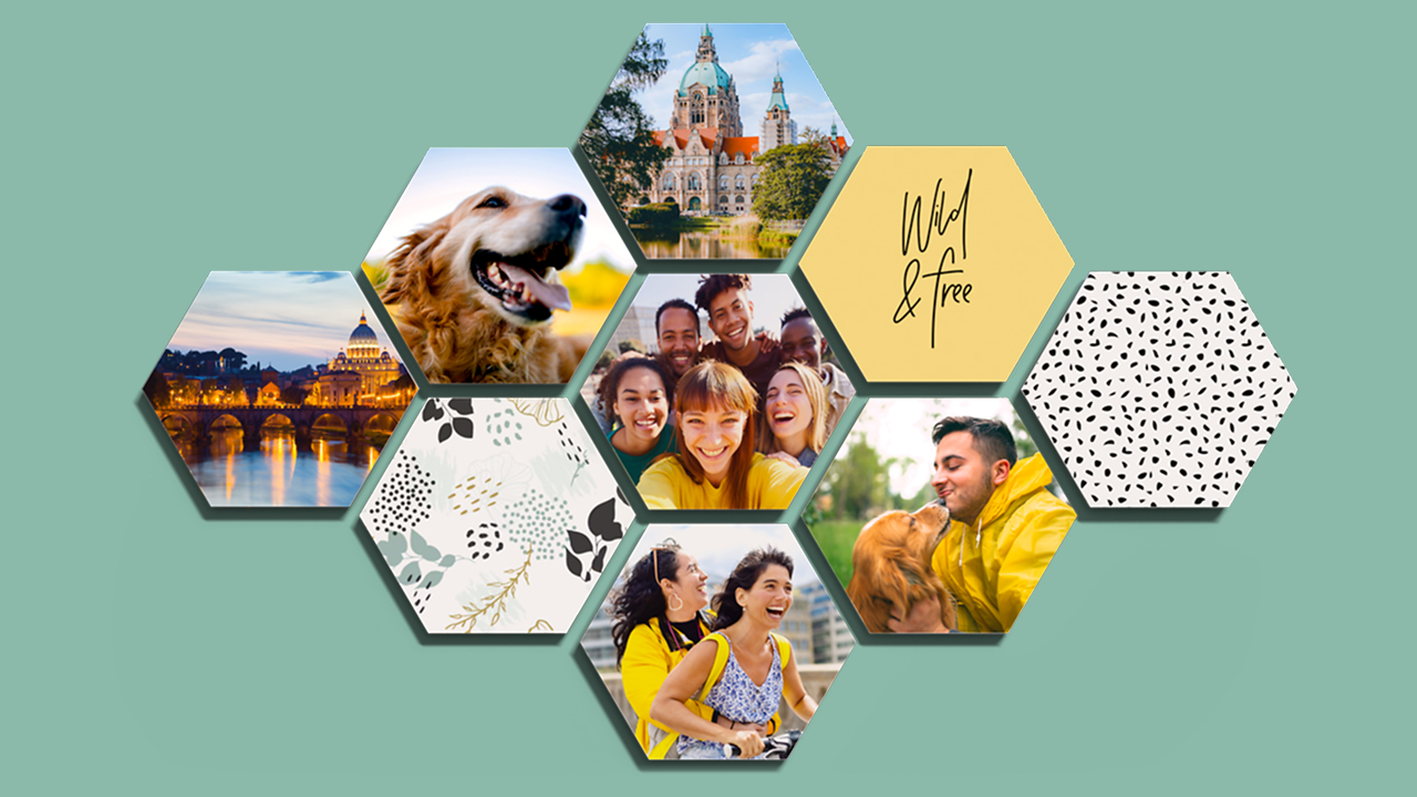 Hexas Pixum con diverse foto, design e scritte, componimento colorato e divertente sulla parete