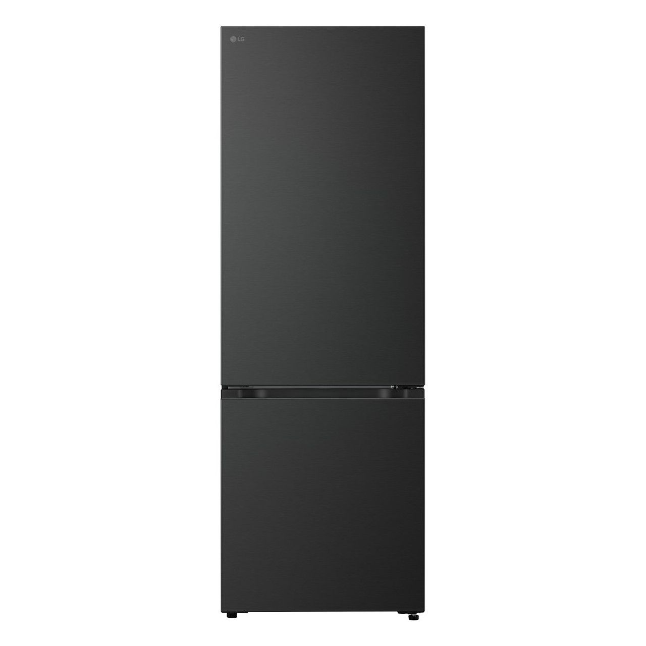 LG matte black bottom-freezer refrigerator with minimalist flat doors and recessed horizontal handle, freestanding